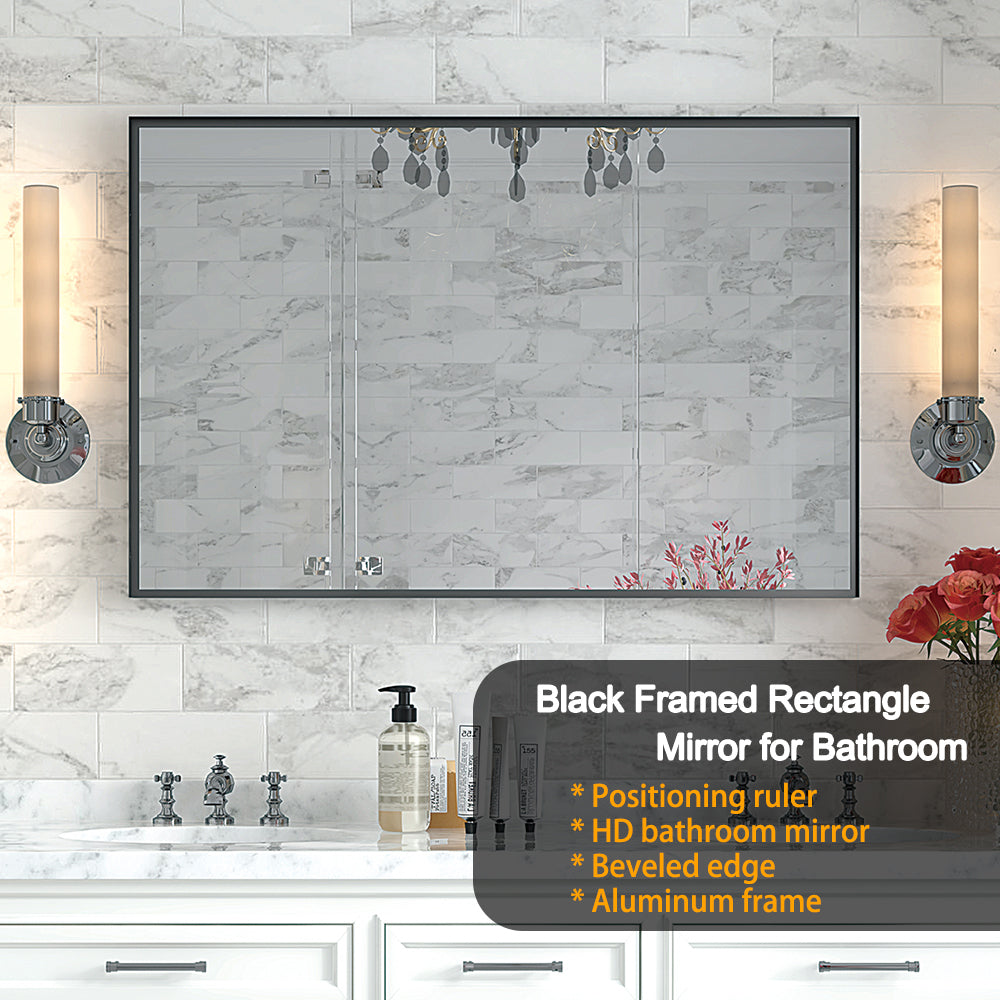 Glossy Black Bathroom Mirrors For Wall 48x30inch Wall Mounted Hanging Plates Mirror Farmhouse Mirror Modern Metal Framed Rectangular Mirror, Decorative Square Corner Mirror(Horizontal & Vertical)