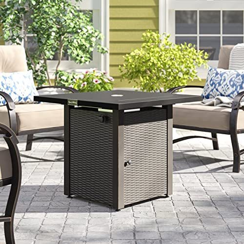 28in Outdoor Propane Fire Pit Table, 50,000BTU, Outside Gas Dinning Fire Table with Lid, Rattan & Wicker-Look, Lava Stone, ETL Certification, with Adjustable Flame Apply to Garden Patio Backyard