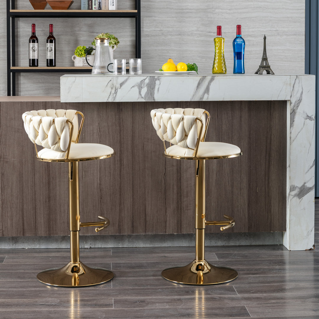 Set of 2  Bar Stools,with Chrome Footrest and Base Swivel Height Adjustable Mechanical Lifting Velvet + Golden Leg Simple Bar Stool-Cream