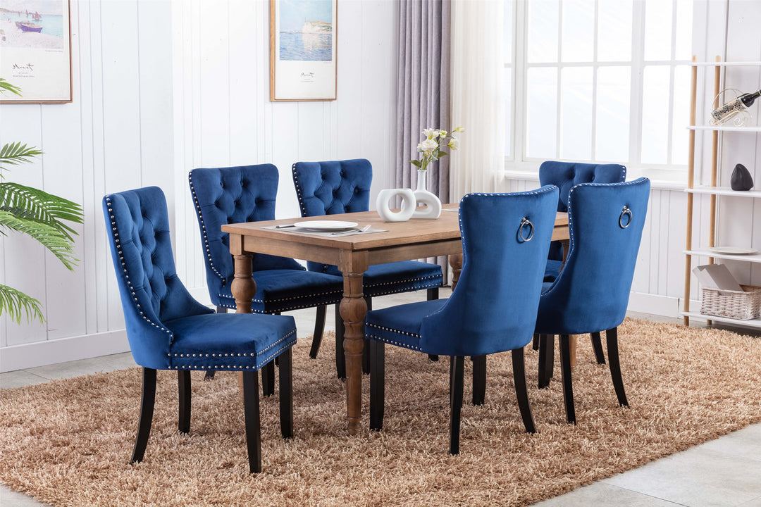 A&A Furniture,Nikki Collection Modern, High-end Tufted Solid Wood Contemporary Velvet Upholstered Dining Chair with Wood Legs  Nailhead Trim 2-Pcs Set, Blue, SW1801BL