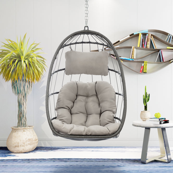 Outdoor Wicker Rattan Swing Chair Hammock chair Hanging Chair with Aluminum Frame and Grey Cushion Without Stand