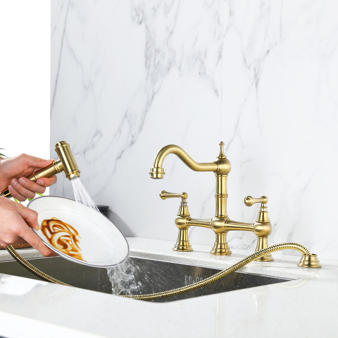 8 inch Centerset Bridge Kitchen Faucet with Brass Side Sprayer 2 Handles 4 Holes Antique Classic Heritage Deck-Mount Kitchen Sink Faucet