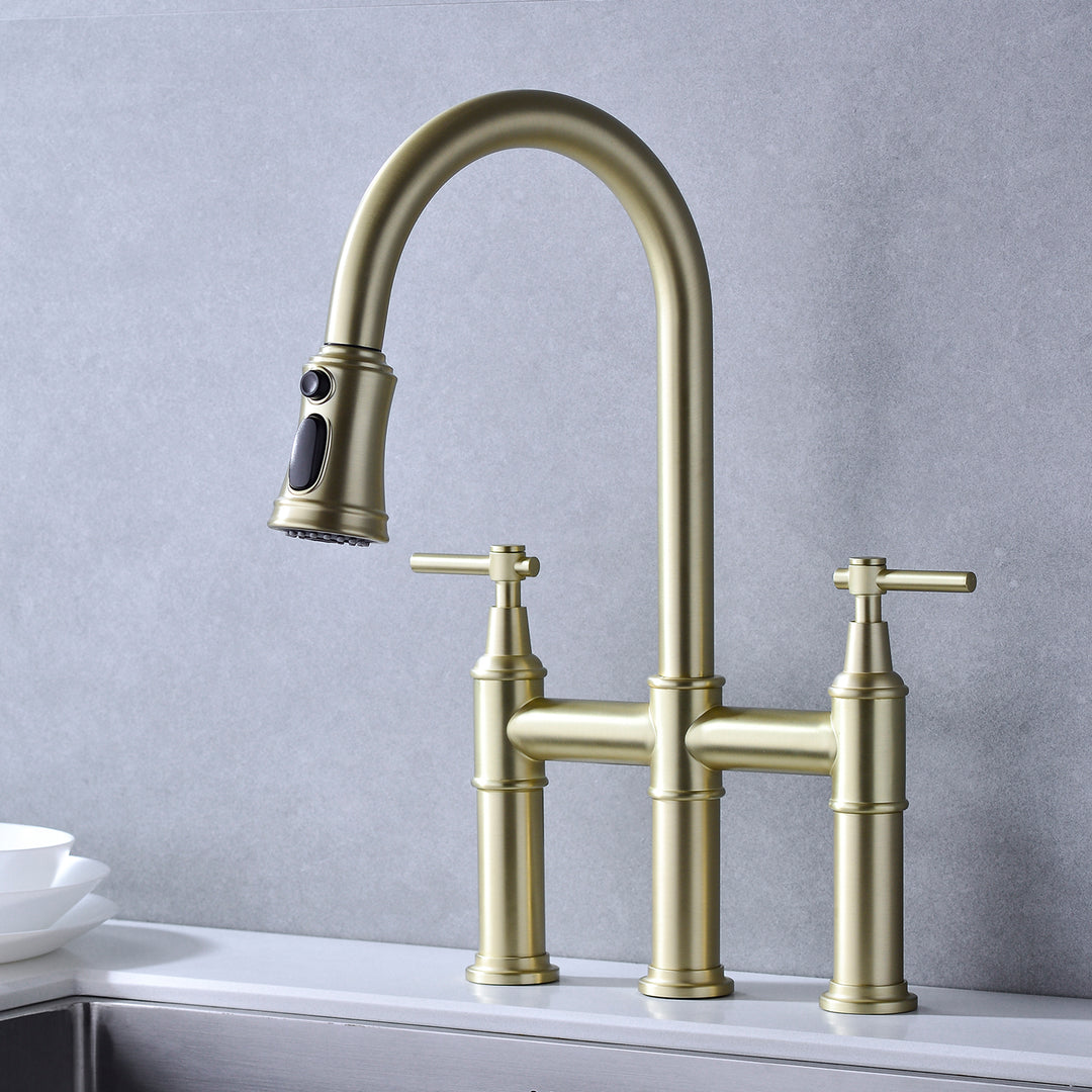 Bridge Kitchen Faucet with Pull-Down Sprayhead in Spot