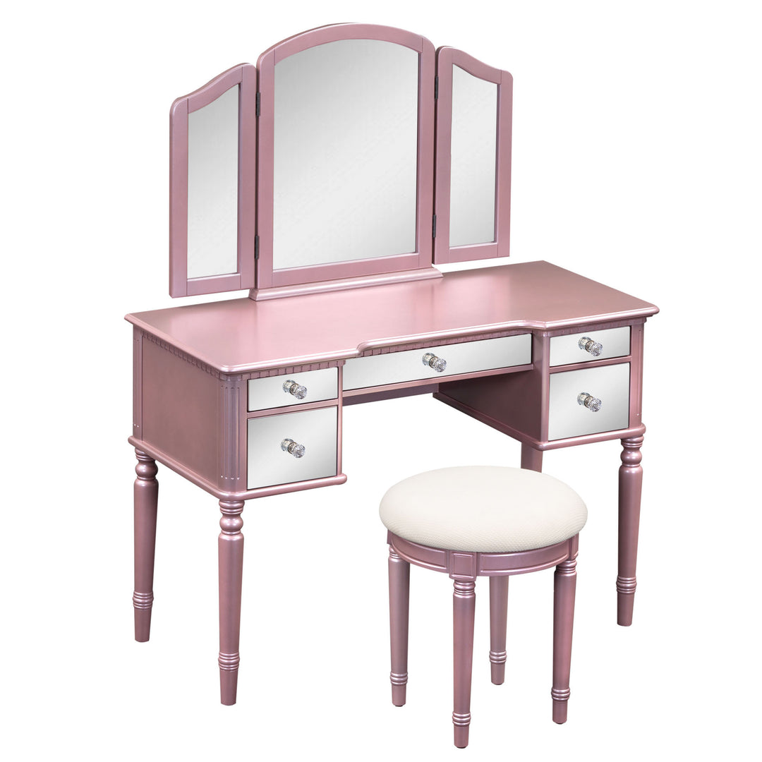 GO 43" Dressing Table Set with Mirrored Drawers and Stool, Tri-fold Mirror, Makeup Vanity Set for Bedroom, Rose Gold