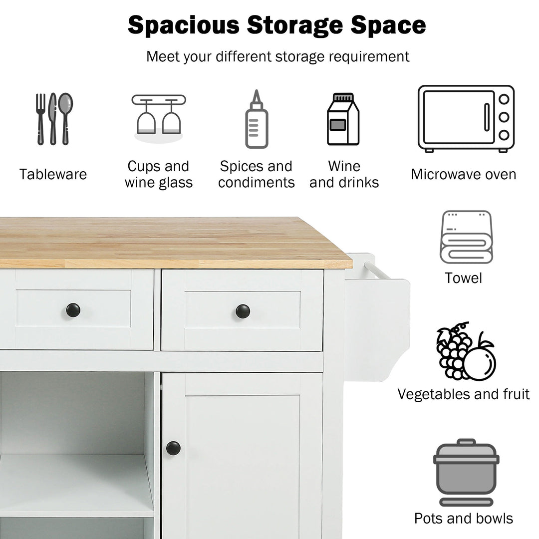 Kitchen Cart with Rubber wood Drop-Leaf Countertop ,Cabinet door internal storage racks,Kitchen Island on 5 Wheels with Storage Cabinet and 3 Drawers for Dinning Room,White