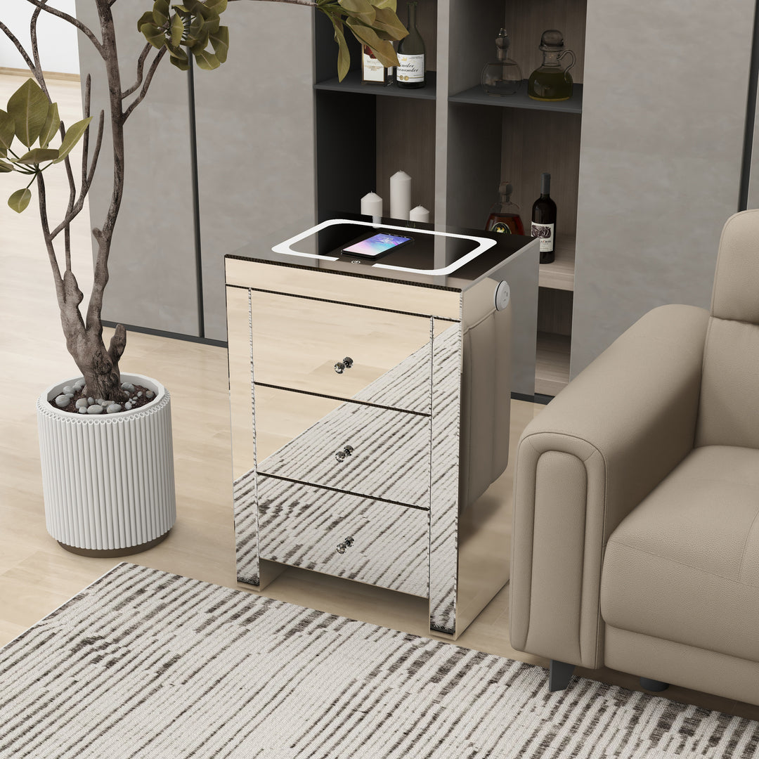 Silver glass nightstand for living room, bedside table with wireless charging and charging ports