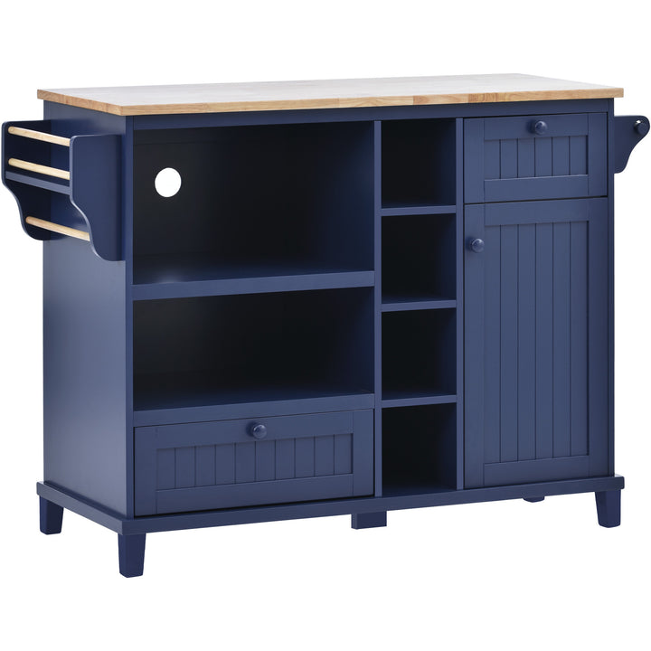 Kitchen Island Cart with Storage Cabinet and Two Locking Wheels,Solid wood desktop,Microwave cabinet,Floor Standing Buffet Server Sideboard for Kitchen Room,Dining Room,, Bathroom(Dark blue)