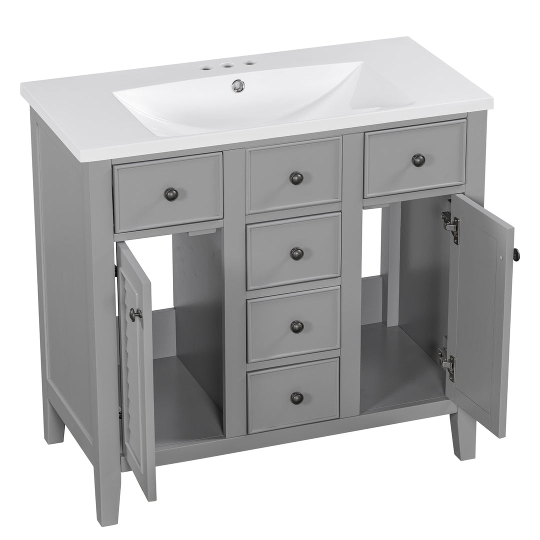 36" Bathroom Vanity with Ceramic Basin, Two Cabinets and Five Drawers, Solid Wood Frame, Grey (OLD SKU: SY999202AAE)