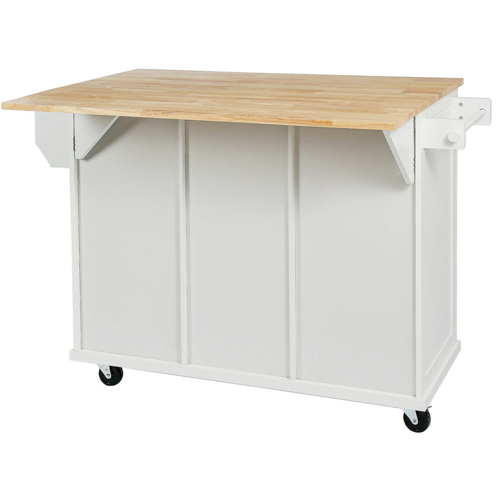 Kitchen Cart with Rubber wood Drop-Leaf Countertop ,Cabinet door internal storage racks,Kitchen Island on 5 Wheels with Storage Cabinet and 3 Drawers for Dinning Room,White