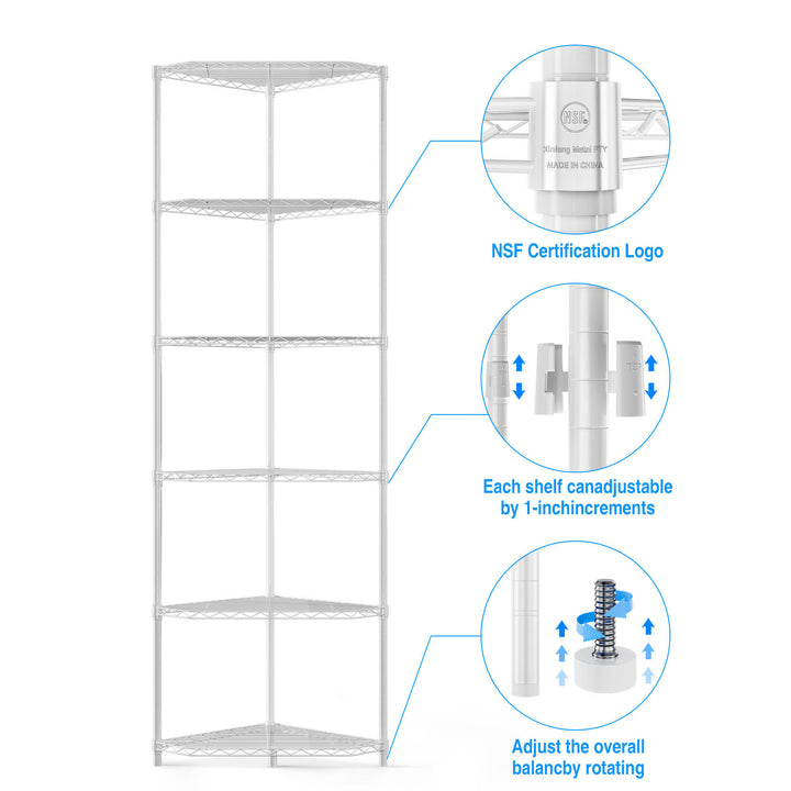 6 Tier Shelf Corner Wire Shelf Rack Pentagonal Shelves Adjustable Metal Heavy Duty Free Standing Corner Storage Display Chrome Rack for Bathroom, Living Room, Kitchen - White