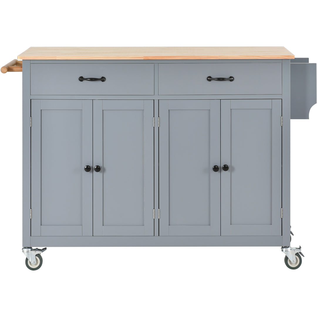 Kitchen Island Cart with Solid Wood Top and Locking Wheels,54.3 Inch Width,4 Door Cabinet and Two Drawers,Spice Rack, Towel Rack (Grey Blue)