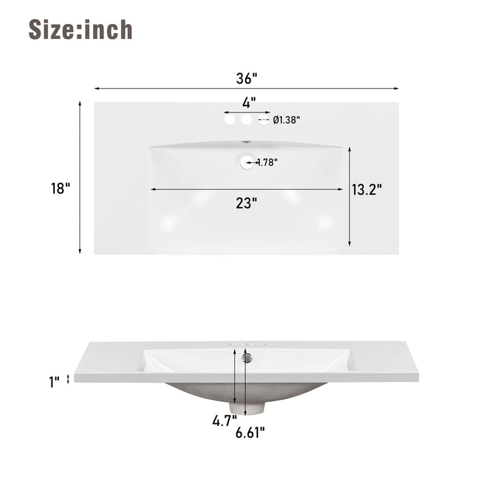 36" White Modern Bathroom Vanity with USB,Two Shallow Drawers, One Deep Drawer,One door,Single Resin Sink,Small Bathroom Organization Cabinet