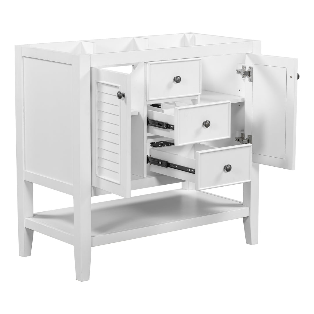 36" Bathroom Vanity without Sink, Cabinet Base Only, Two Cabinets and Drawers, Open Shelf, Solid Wood Frame, White