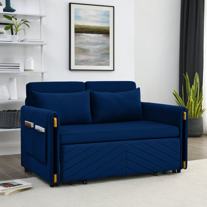 MH 54" Modern Convertible Sofa Bed with 2 Detachable Arm Pockets, Velvet Loveseat Multi-position adjustable Sofa with Pull Out Bed with Bedhead, 2 Pillows and Living Room, Blue