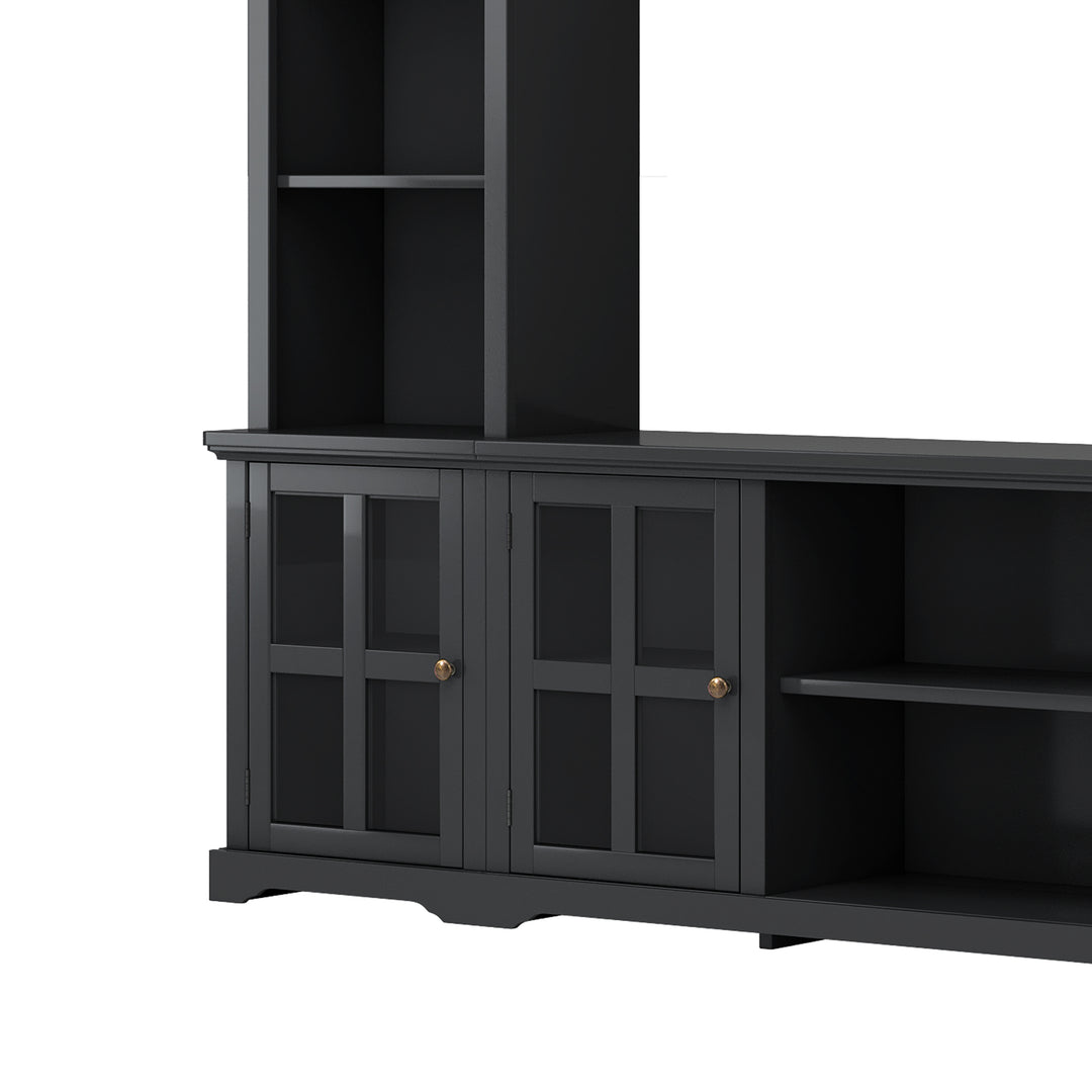 [VIDEO provided] ON-TREND Minimalism Entertainment Wall Unit with Bridge, Modern TV Console Table for TVs Up to 70", Multifunctional TV Stand with Tempered Glass Door, Black (Old SKU: SD000009AAB)