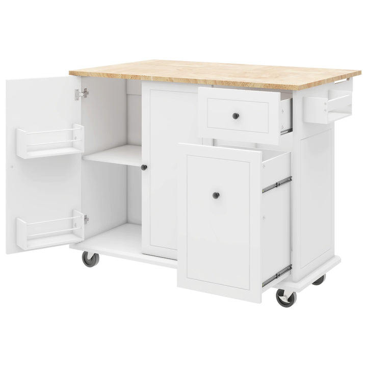 Kitchen Island with Drop Leaf, 53.9" Width Rolling Kitchen Cart on Wheels with Internal Storage Rack and 3 Tier Pull Out Cabinet Organizer, Kitchen Storage Cart with Spice Rack, Towel Rack (White)