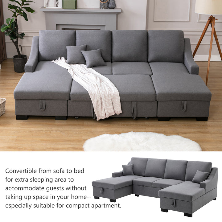 U_STYLE Upholstery Sleeper Sectional Sofa with Double Storage Spaces, 2 Tossing Cushions, Grey