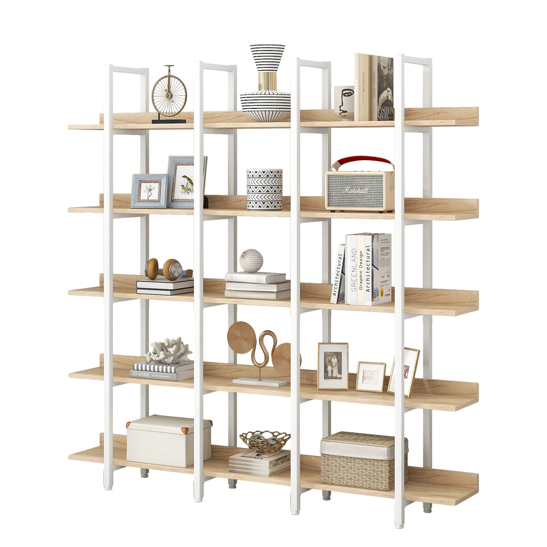 5 Tier Bookcase Home Office Open Bookshelf, Vintage Industrial Style Shelf, MDF Board, White Metal Frame, Oak