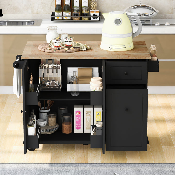 Kitchen Island with Drop Leaf, 53.9" Width Rolling Kitchen Cart on Wheels with Internal Storage Rack and 3 Tier Pull Out Cabinet Organizer, Kitchen Storage Cart with Spice Rack, Towel Rack (Black)