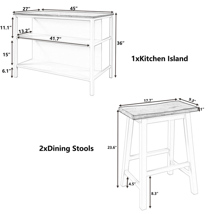 TOPMAX Solid Wood Rustic 3-piece 45" Stationary Kitchen Island Set with 2 Seatings, Rubber Wood Butcher Block Dining Table Set Prep Table Set with 2 Open Shelves for Small Places,Walnut+Cream White