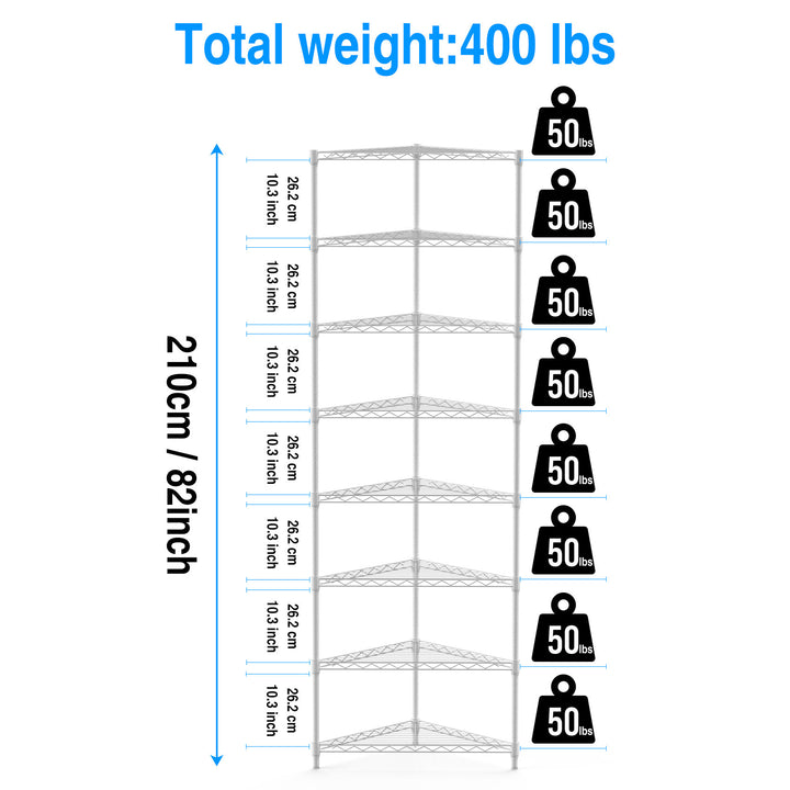 8 Tier Triangles Corners Wire Shelving Unit, NSF Height Adjustable Metal Storage Shelves, Heavy Duty Storage Wire Rack Metal Shelves - 82" H x 20" L x 20" D - White