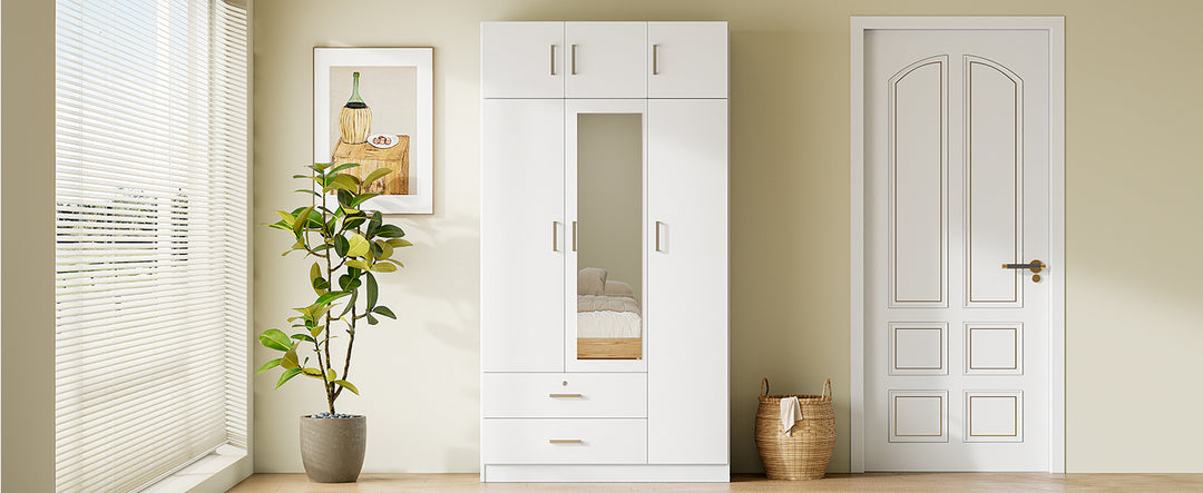 3-Door Mirror  Wardrobe with 2 Drawers and Top Cabinet,White