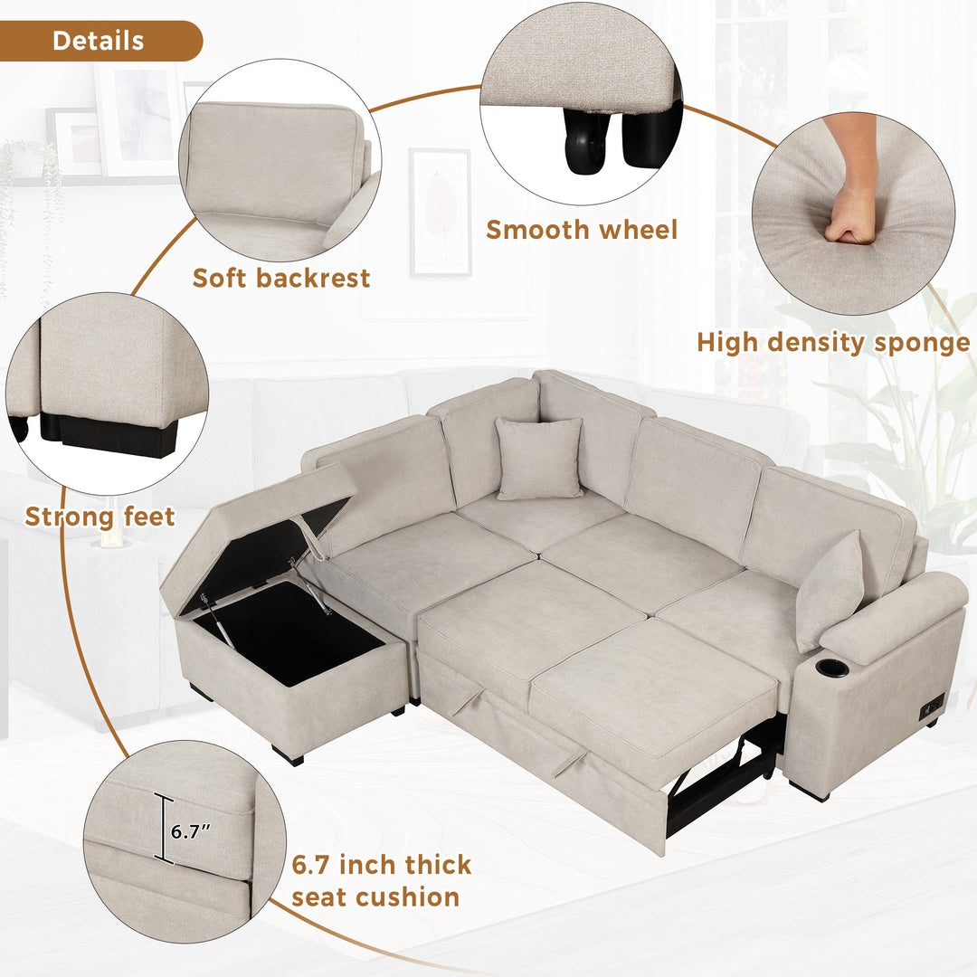 87.4" Sleeper Sofa Bed,2 in 1 Pull Out sofa bed L Shape Couch with Storage Ottoman for Living Room,Bedroom Couch and Small Apartment, Beige