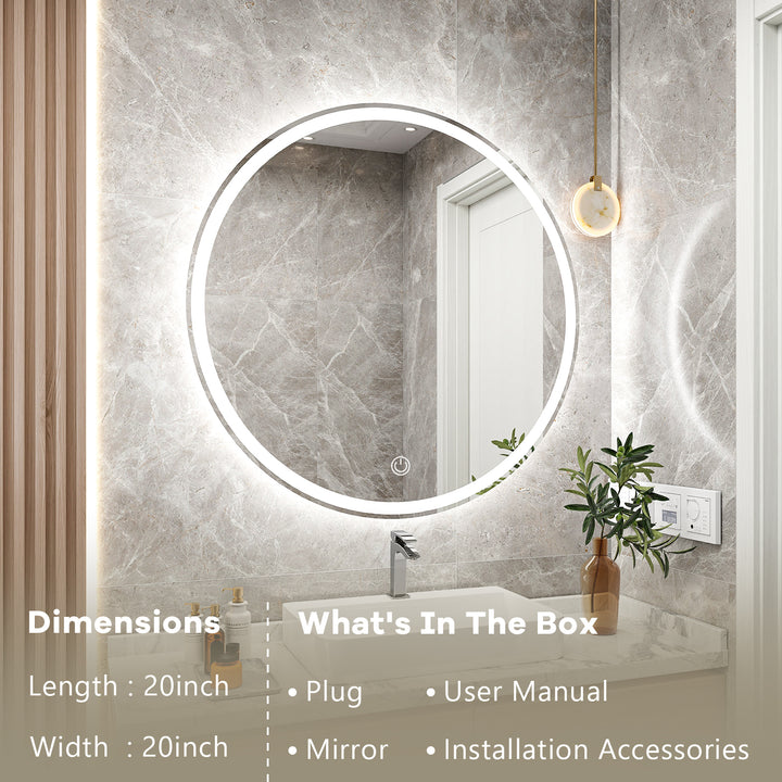 20 Inch Round Backlit Bathroom Mirror, LED round mirror with lighting strip, waterproof LED strip with adjustable 3-color and dimmable lighting,Touch Control, Vanity Mirror