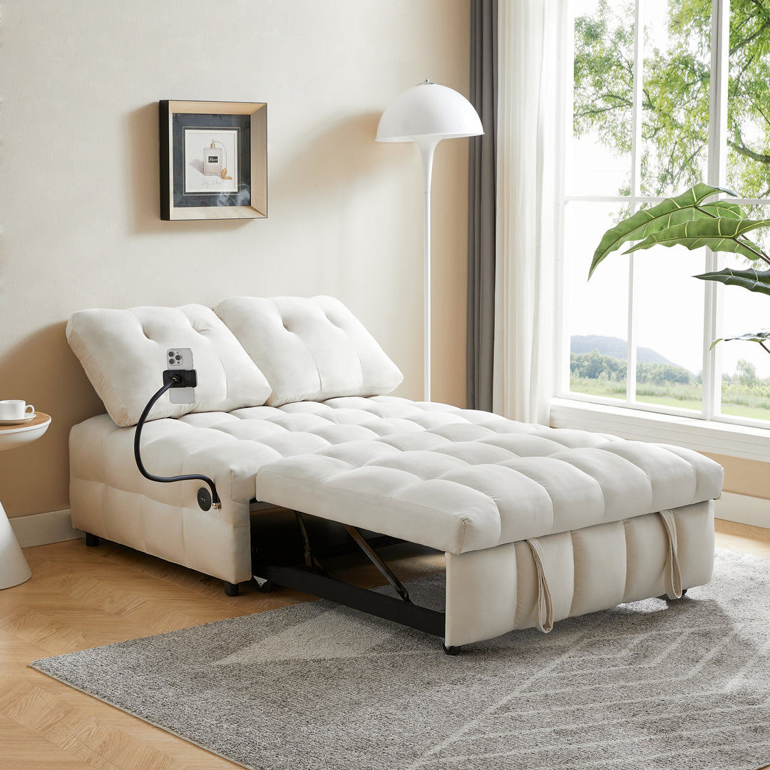 Modern sofa velvet pull-out bed,Independently removable backrest,  have USB port  and swivel phone stand ,beige