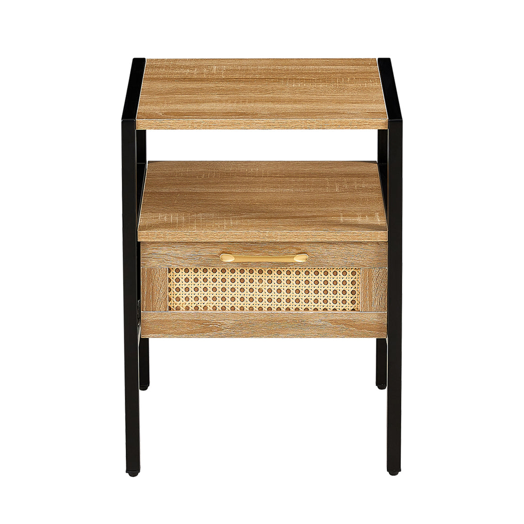 15.75" Rattan End table with  drawer, Modern nightstand, metal legs,side table for living room, bedroom,natural(1 pc)