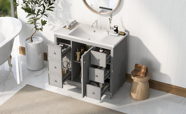 Contemporary Gray Bathroom Vanity Cabinet - 36x18x34 inches, 4 Drawers & 1 Cabinet Door, Multipurpose Storage, Resin Integrated Sink, Adjustable Shelves, Solid Wood Frame with MDF