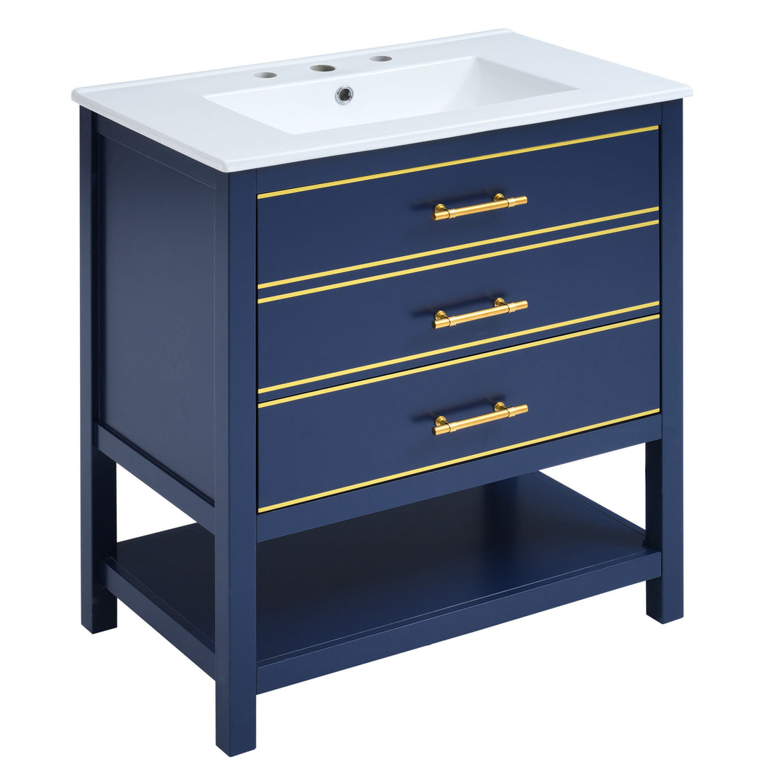 [Viedo]Modern 30inch Navy Blue/White Bathroom Vanity Cabinet Combo with Open
Storge, Two Drawers