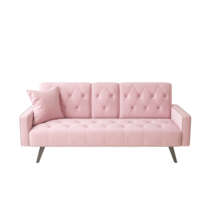 1730 Sofa Bed Armrest with Nail Head Trim with Two Cup Holders 72" Pink Velvet Sofa for Small Spaces