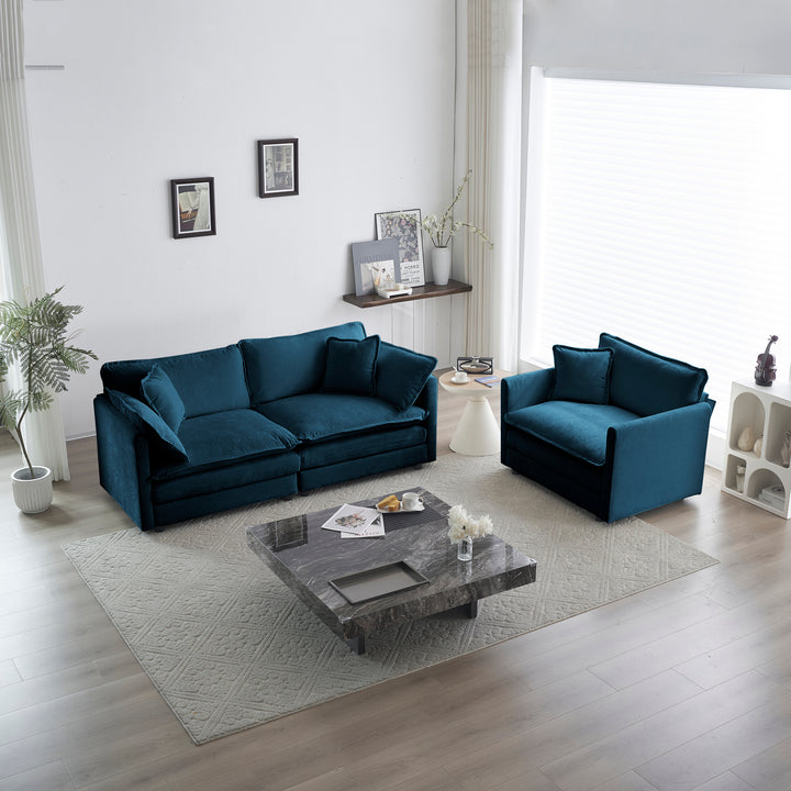 2 Seater Loveseat and Chair Set, 2 Piece Sofa & Chair Set, Loveseat and Accent Chair , 2-Piece Upholstered Chenille Sofa Living Room Couch Furniture(1+2 Seat ) ,Blue Chenille