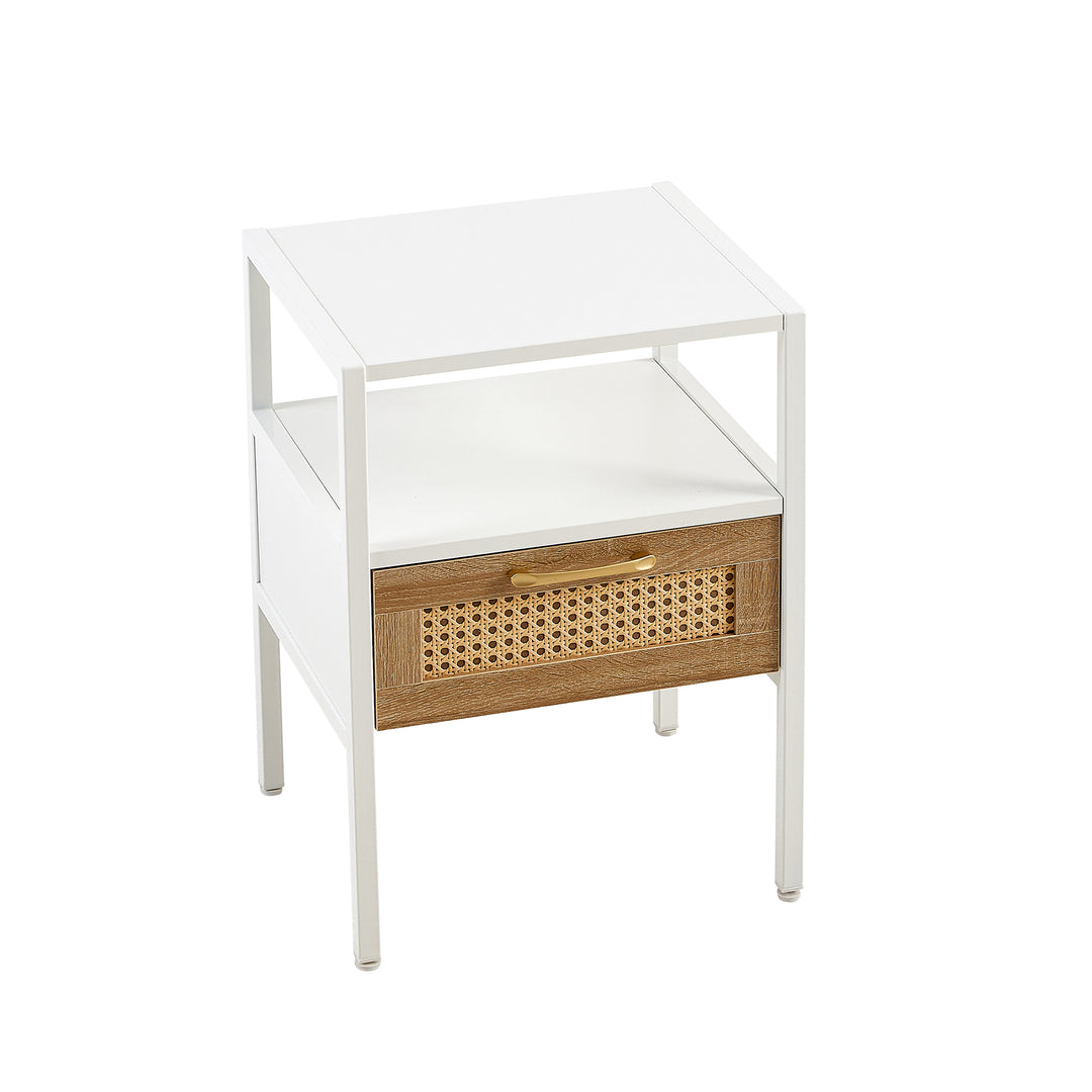 15.75" Rattan End table with  drawer, Modern nightstand, metal legs,side table for living room, bedroom,white(1 pc)