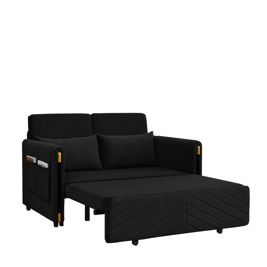 MH 54" Modern Convertible Sofa Bed with 2 Detachable Arm Pockets, Velvet Loveseat Sofa with Pull Out Bed, 2 Pillows and Living Room Adjustable Backrest, Grid Design Armrests, Black