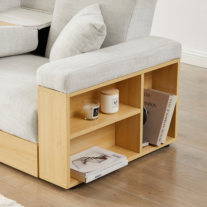 Multi-functional sofa, can sit, lie down, with storage box and drawer, and the storage sofa arm can be used as tea table and pedal-Light Gray