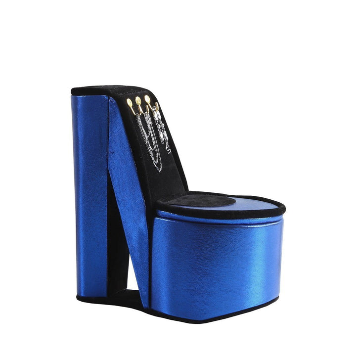 9" Tall Display Jewelry Box with Hooks, High Heel Shoe Design, Blue Velvet