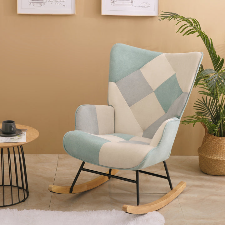 Rocking Chair, Mid Century Fabric Rocker Chair with Wood Legs and Patchwork Linen for Livingroom Bedroom