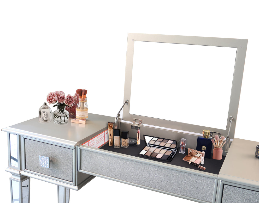 Mirrored Vanities Desk with Drawers, Bedroom Makeup Vanity Table Set with Mirror and Stool, Flip Up Dressing Table for Bedroom/Makeup Room, Working Desk for Women, Girl Furniture Combo