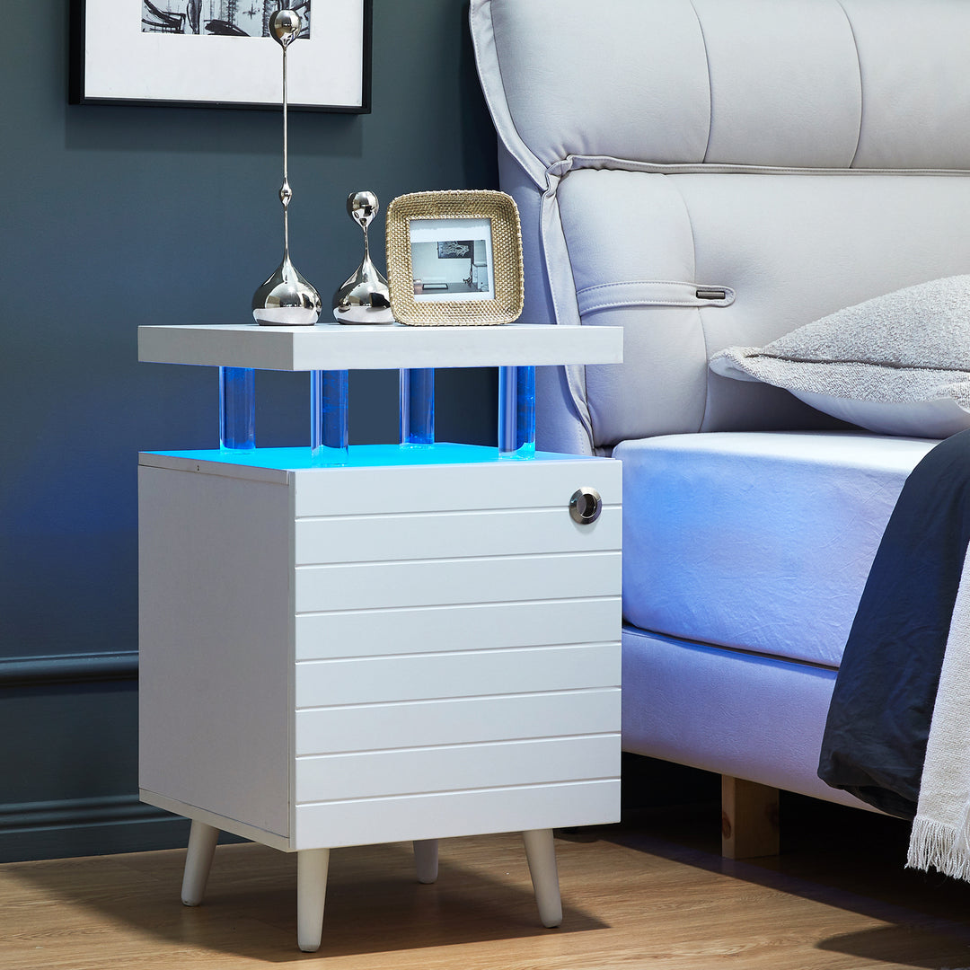 LED Nightstand LED Bedside Table End Tables Living Room with 4 Acrylic Columns, Bedside Table with Drawers for Bedroom White