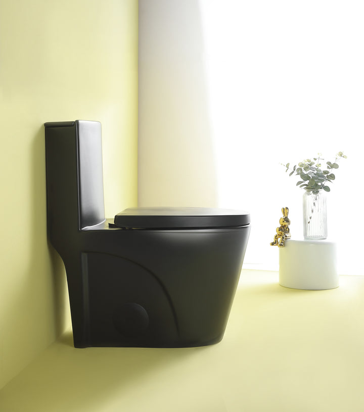 15 5/8 Inch 1.1/1.6 GPF Dual Flush 1-Piece Elongated Toilet with Soft-Close Seat - Matte Black 23T01-MB