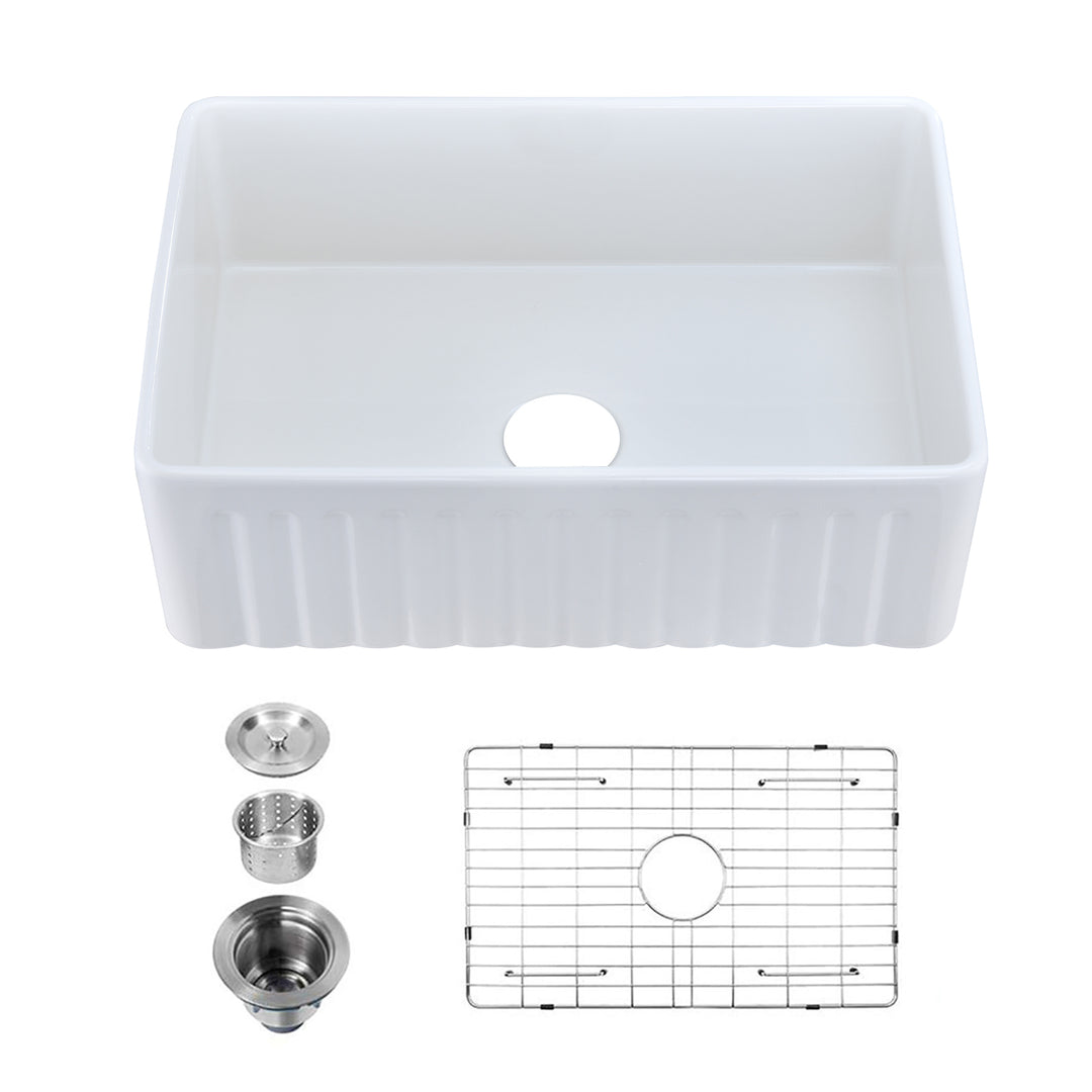 Fireclay 36" L X 20" W Farmhouse Kitchen Sink with Grid and Strainer