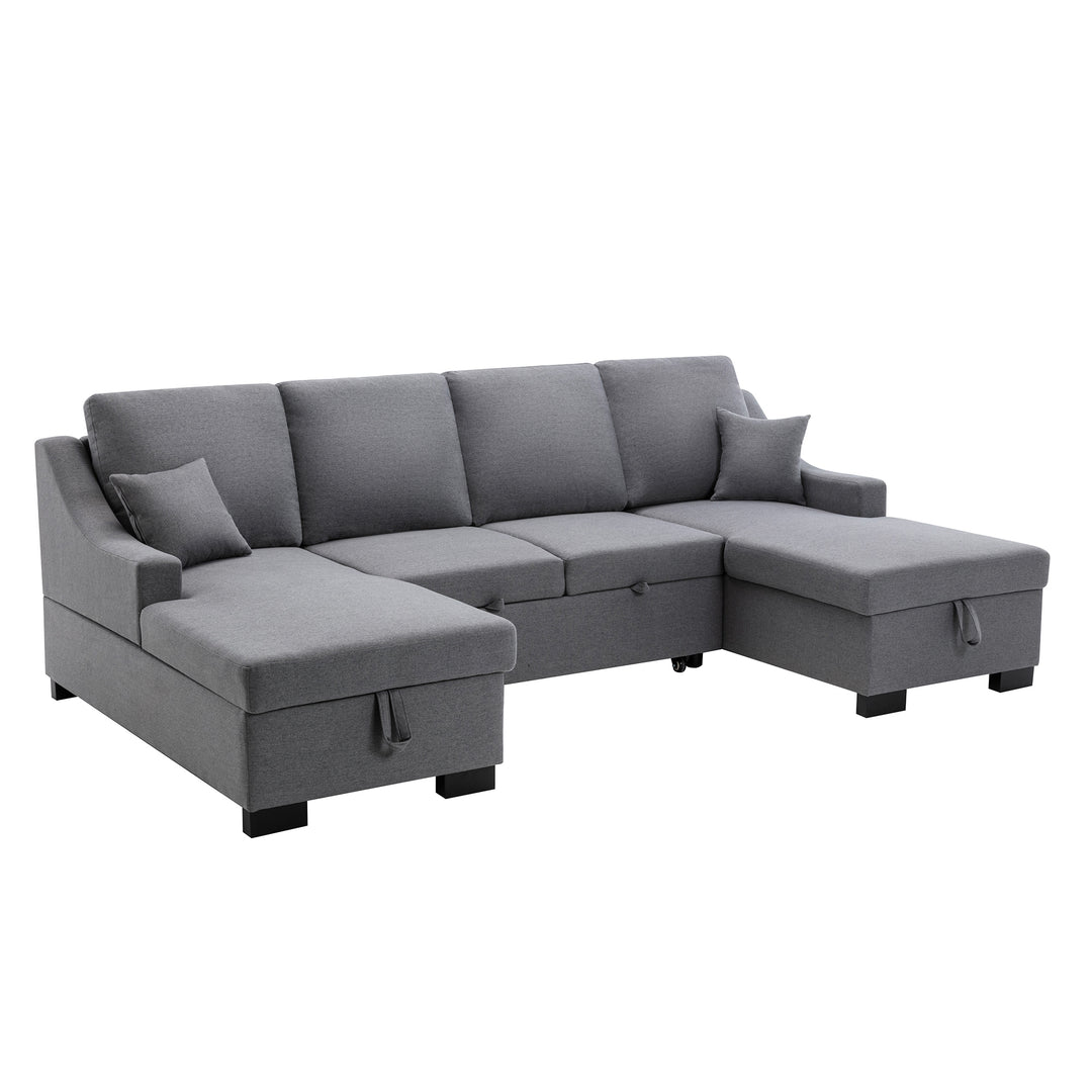 U_STYLE Upholstery Sleeper Sectional Sofa with Double Storage Spaces, 2 Tossing Cushions, Grey