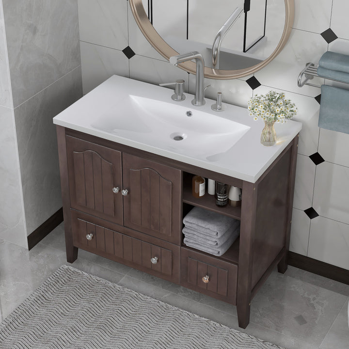 [VIDEO] 36" Bathroom Vanity with Ceramic Basin, Bathroom Storage Cabinet with Two Doors and Drawers, Solid Frame, Metal Handles, Brown (OLD SKU: JL000003AAD)