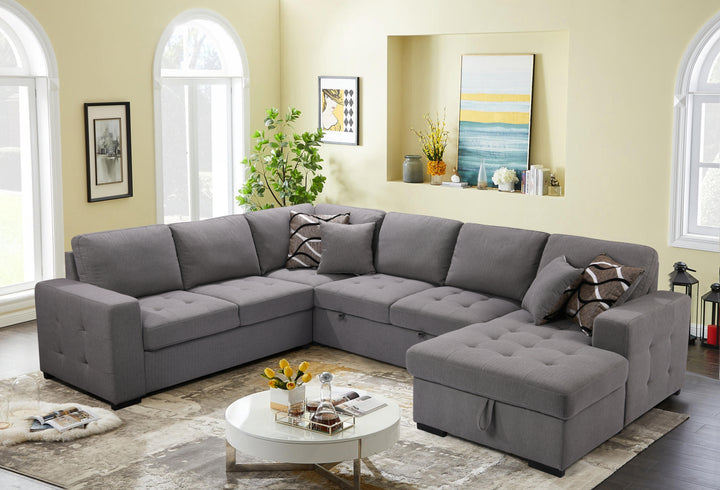 123" Oversized Sectional Sofa with Storage Chaise, U Shaped Sectional Couch with 4 Throw Pillows for Large Space Dorm Apartment. Grey