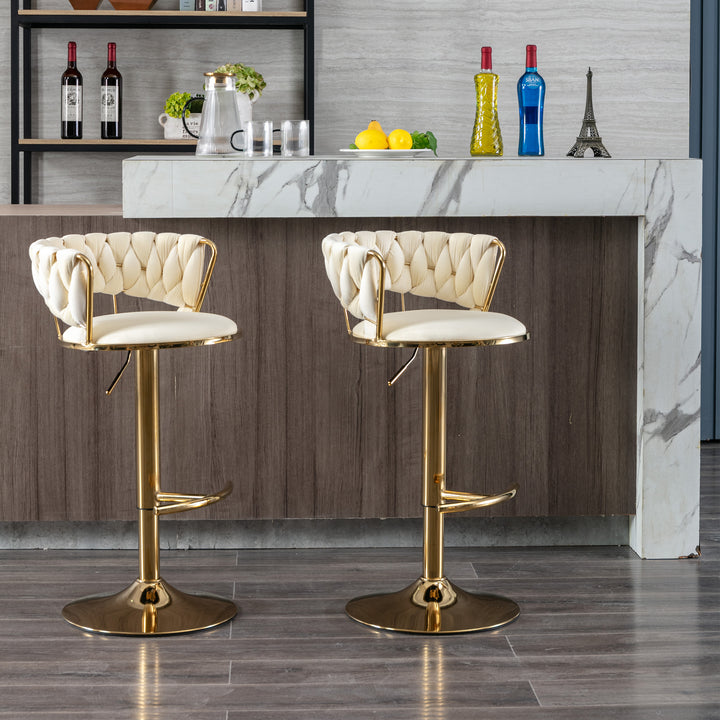 Set of 2  Bar Stools,with Chrome Footrest and Base Swivel Height Adjustable Mechanical Lifting Velvet + Golden Leg Simple Bar Stool-Cream