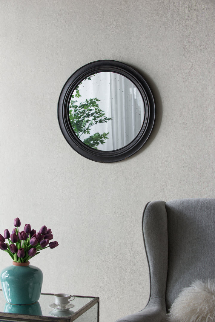 23.5" Circle Wall Mirror with Wooden Black Frame, Antique Classic Accent Mirror, for Living Room, Foyer, Bathroom, Office