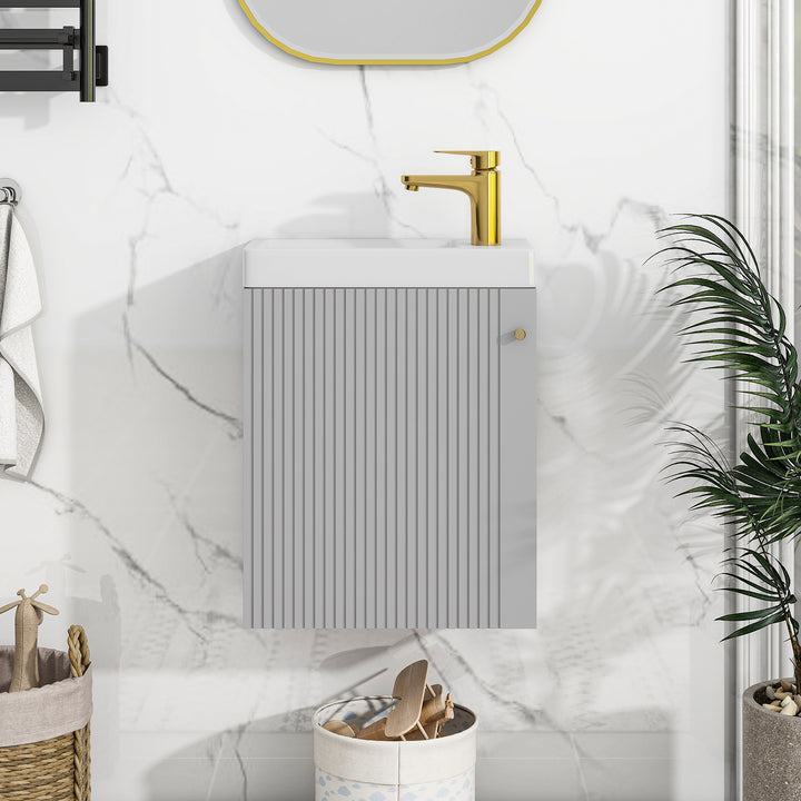 [Viedo]Contemporary 16" Wall-Mounted Bathroom Vanity Combo Cabinet with Ceramic Basin - Ideal for Small Bathrooms