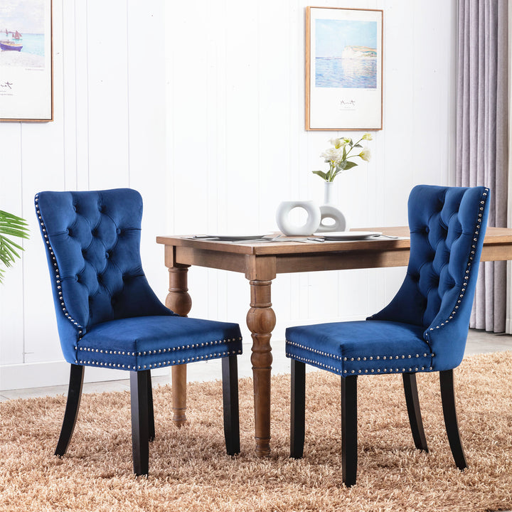 A&A Furniture,Nikki Collection Modern, High-end Tufted Solid Wood Contemporary Velvet Upholstered Dining Chair with Wood Legs  Nailhead Trim 2-Pcs Set, Blue, SW1801BL